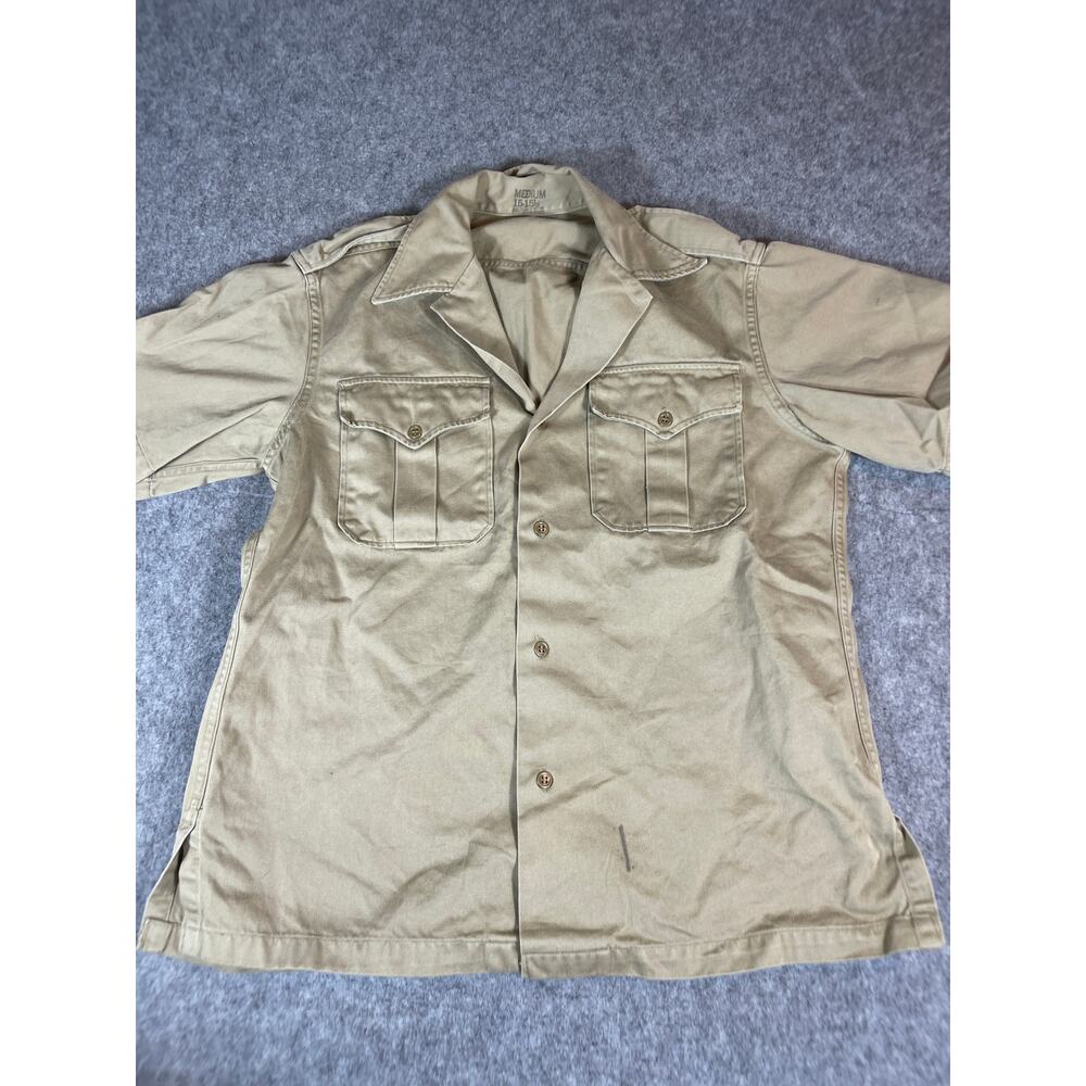 VINTAGE 50s US Military Army Button Up Shirt Mens Khaki Medium 15-15 1/2 Uniform